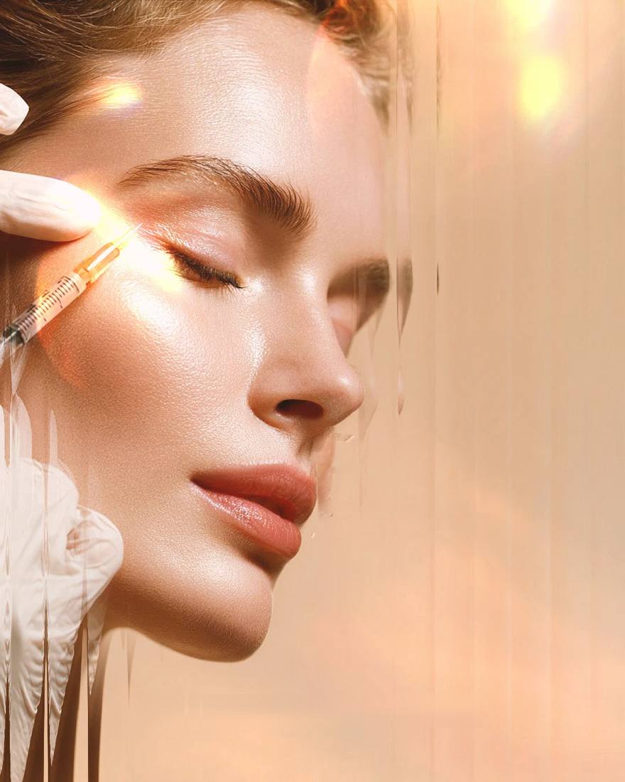 Mulher de olhos fechados recebendo aplicação de botox na testa